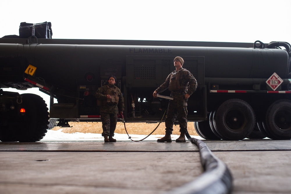 U.S. Marines with Marine Wing Support Squadron (MWSS) 273 refuel an F/A-18C Hornet during Exercise Nordic Response 24