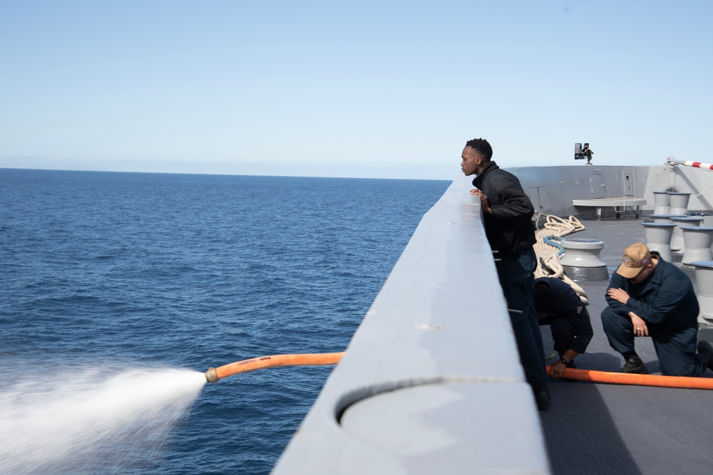 USS San Diego (LPD 22) conducts countermeasure washdown testing