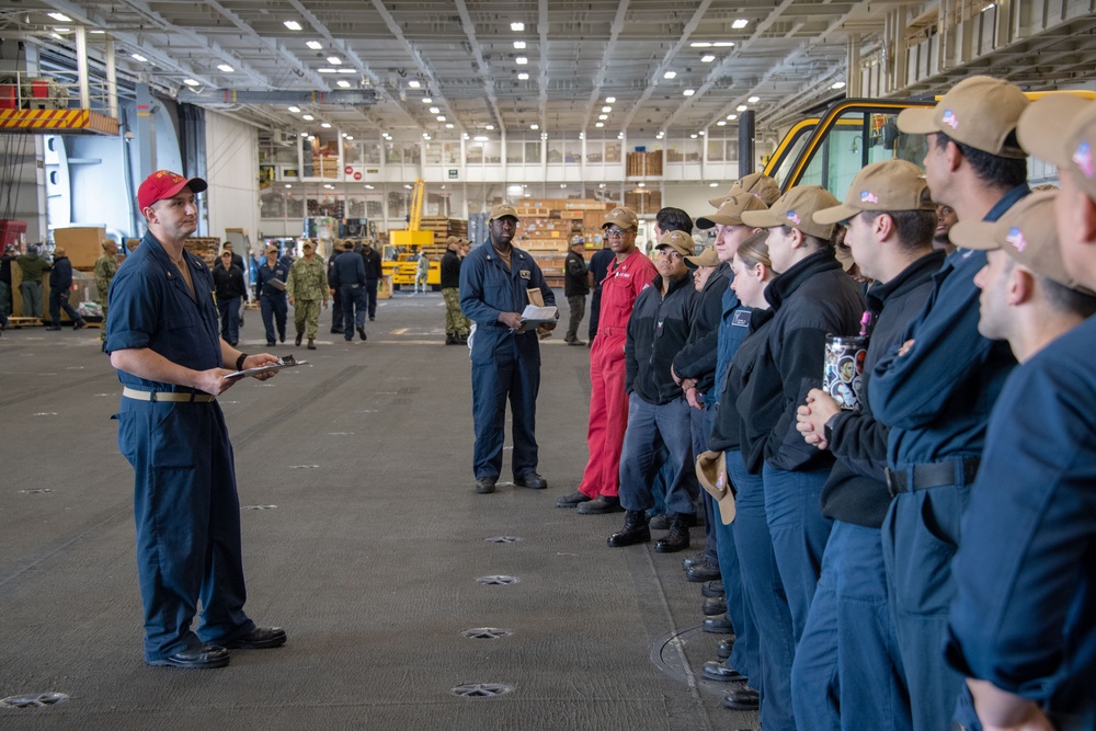 USS Carl Vinson Chief Conducts Muster