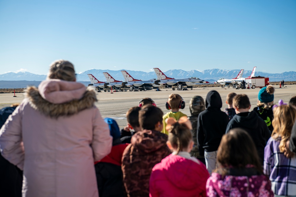 Muroc students watch Thunderbirds practice from Edwards' flight line