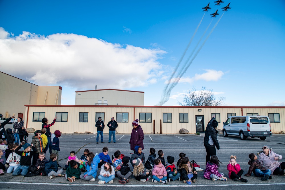 Muroc students watch Thunderbirds practice from Edwards' flight line