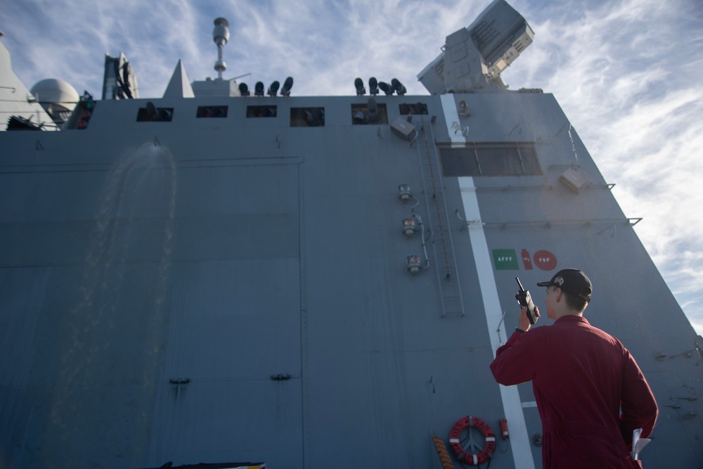 USS San Diego (LPD 22) conducts countermeasure washdown testing