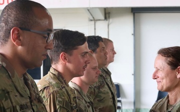 Maj. Gen. Michelle A. Schmidt, 7th Infantry Division Commanding General and Command Sgt. Maj. Stephen J. LaRocque Visit 16th Combat Aviation Brigade to Recognize Hard Work and Dedication