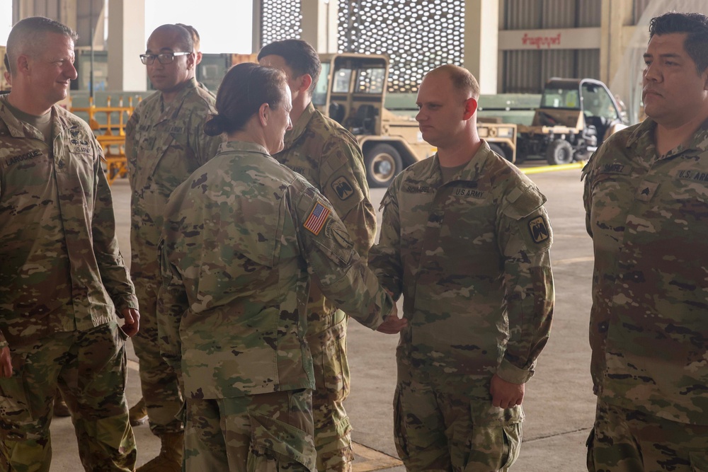 Maj. Gen. Michelle A. Schmidt, 7th Infantry Division Commanding General and Command Sgt. Maj. Stephen J. LaRocque Visit 16th Combat Aviation Brigade to Recognize Hard Work and Dedication