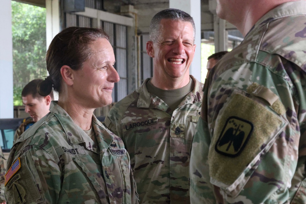 Maj. Gen. Michelle A. Schmidt, 7th Infantry Division Commanding General and Command Sgt. Maj. Stephen J. LaRocque Visit 16th Combat Aviation Brigade to Recognize Hard Work and Dedication