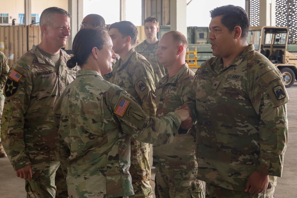 Maj. Gen. Michelle A. Schmidt, 7th Infantry Division Commanding General and Command Sgt. Maj. Stephen J. LaRocque Visit 16th Combat Aviation Brigade to Recognize Hard Work and Dedication