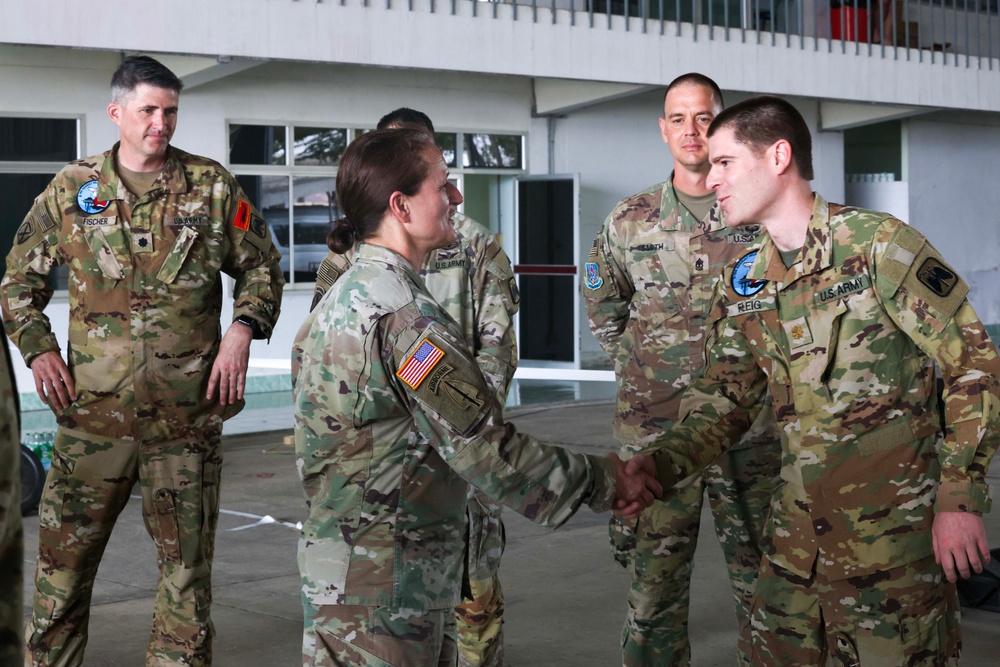 Maj. Gen. Michelle A. Schmidt, 7th Infantry Division Commanding General and Command Sgt. Maj. Stephen J. LaRocque Visit 16th Combat Aviation Brigade to Recognize Hard Work and Dedication