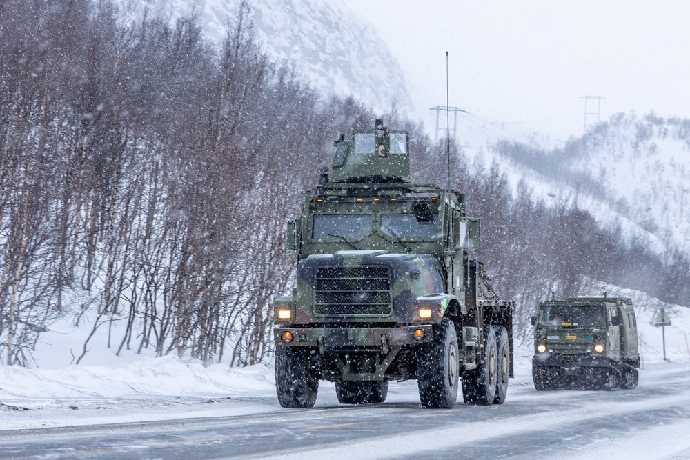 Exercise Nordic Response 24: U.S. Marines with Combat Logistics Battalion 6 conduct a resupply mission in Norway