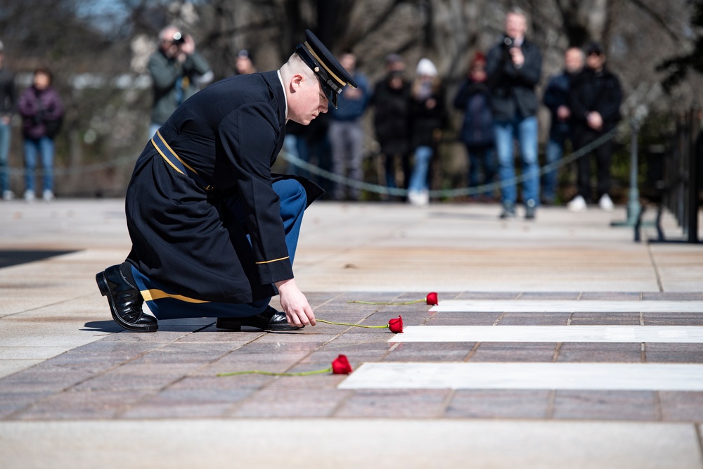 U.S. Army Staff Sgt. Thomas Tavenner Conducts His Last Walk at the Tomb of the Unknown Soldier and Earns the Guard, Tomb of the Unknown Soldier Identification Badge in the Same Afternoon