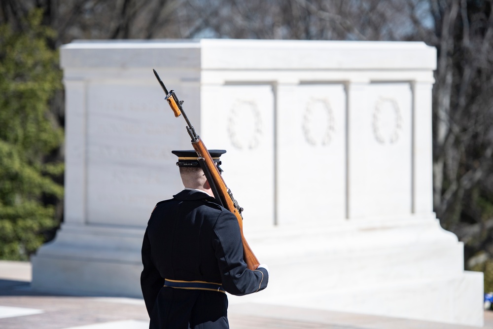 U.S. Army Staff Sgt. Thomas Tavenner Conducts His Last Walk at the Tomb of the Unknown Soldier and Earns the Guard, Tomb of the Unknown Soldier Identification Badge in the Same Afternoon