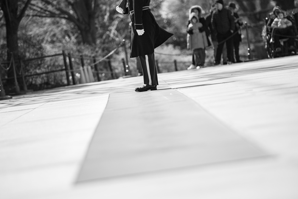 U.S. Army Staff Sgt. Thomas Tavenner Conducts His Last Walk at the Tomb of the Unknown Soldier and Earns the Guard, Tomb of the Unknown Soldier Identification Badge in the Same Afternoon