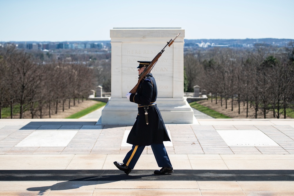 U.S. Army Staff Sgt. Thomas Tavenner Conducts His Last Walk at the Tomb of the Unknown Soldier and Earns the Guard, Tomb of the Unknown Soldier Identification Badge in the Same Afternoon