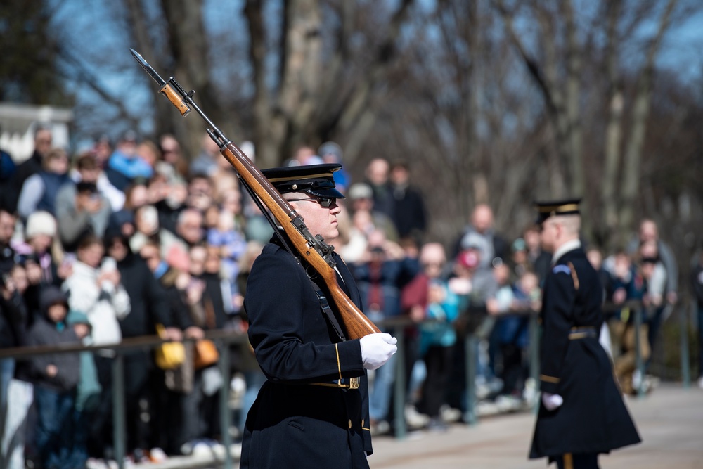 U.S. Army Staff Sgt. Thomas Tavenner Conducts His Last Walk at the Tomb of the Unknown Soldier and Earns the Guard, Tomb of the Unknown Soldier Identification Badge in the Same Afternoon