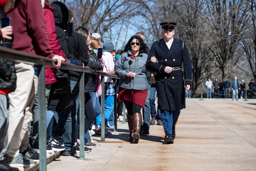 U.S. Army Staff Sgt. Thomas Tavenner Conducts His Last Walk at the Tomb of the Unknown Soldier and Earns the Guard, Tomb of the Unknown Soldier Identification Badge in the Same Afternoon