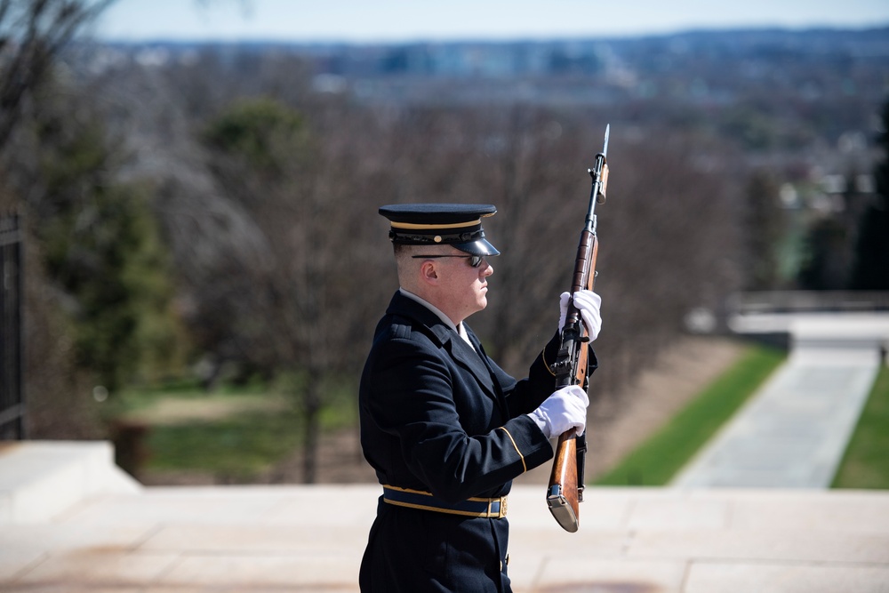 U.S. Army Staff Sgt. Thomas Tavenner Conducts His Last Walk at the Tomb of the Unknown Soldier and Earns the Guard, Tomb of the Unknown Soldier Identification Badge in the Same Afternoon