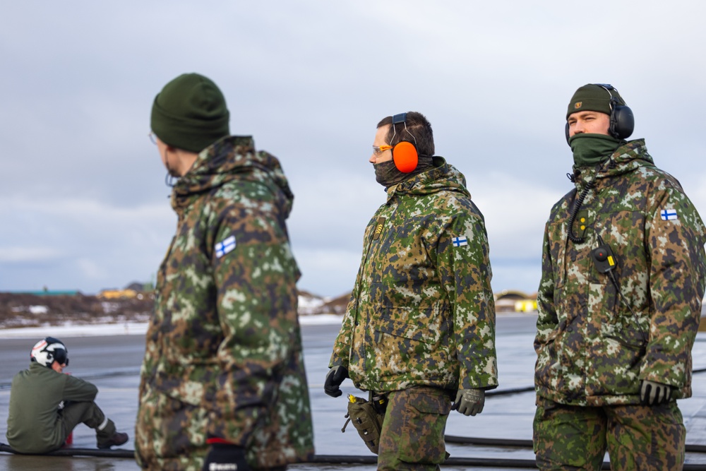 U.S. Marines with Marine Aerial Refueler Transport Squadron (VMGR) 252 refuel Finnish Air Force F/A-18 Hornets during Exercise Nordic Response 24