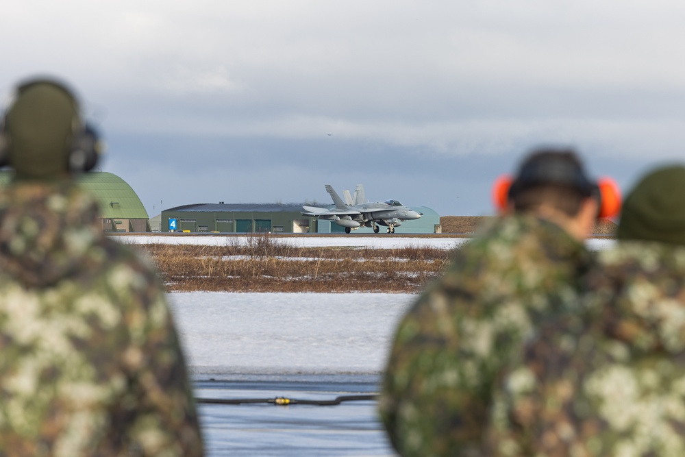 U.S. Marines with Marine Aerial Refueler Transport Squadron (VMGR) 252 refuel Finnish Air Force F/A-18 Hornets during Exercise Nordic Response 24