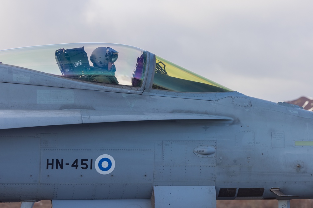 U.S. Marines with Marine Aerial Refueler Transport Squadron (VMGR) 252 refuel Finnish Air Force F/A-18 Hornets during Exercise Nordic Response 24