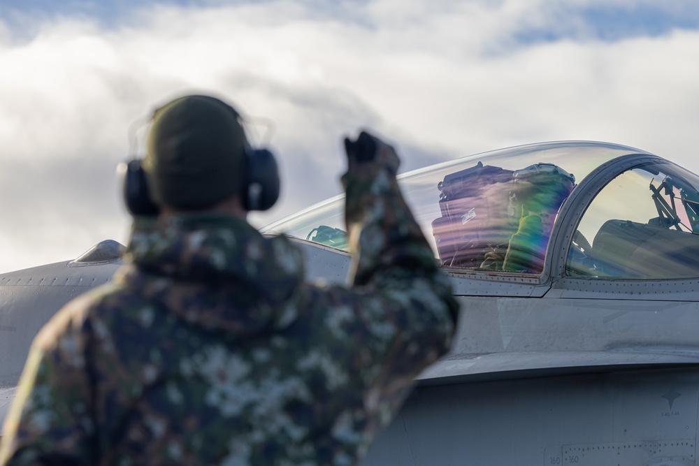 U.S. Marines with Marine Aerial Refueler Transport Squadron (VMGR) 252 refuel Finnish Air Force F/A-18 Hornets during Exercise Nordic Response 24