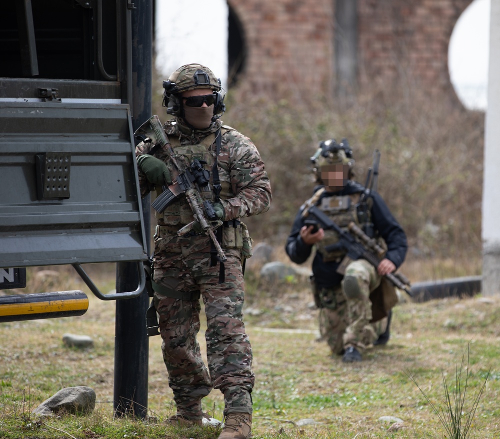 Georgian guard and Georgian special operations forces soldiers maintain security during a STX with MARSOC Marines during Trojan Footprint 24