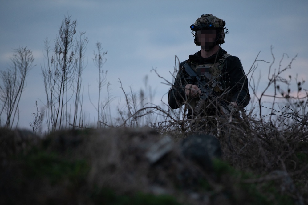 A U.S. MARSOC Marine maintains situational awareness during a STX with Georgian guard, Georgian Rangers, and Georgian and Romanian special operations forces soldiers during Trojan Footprint 24