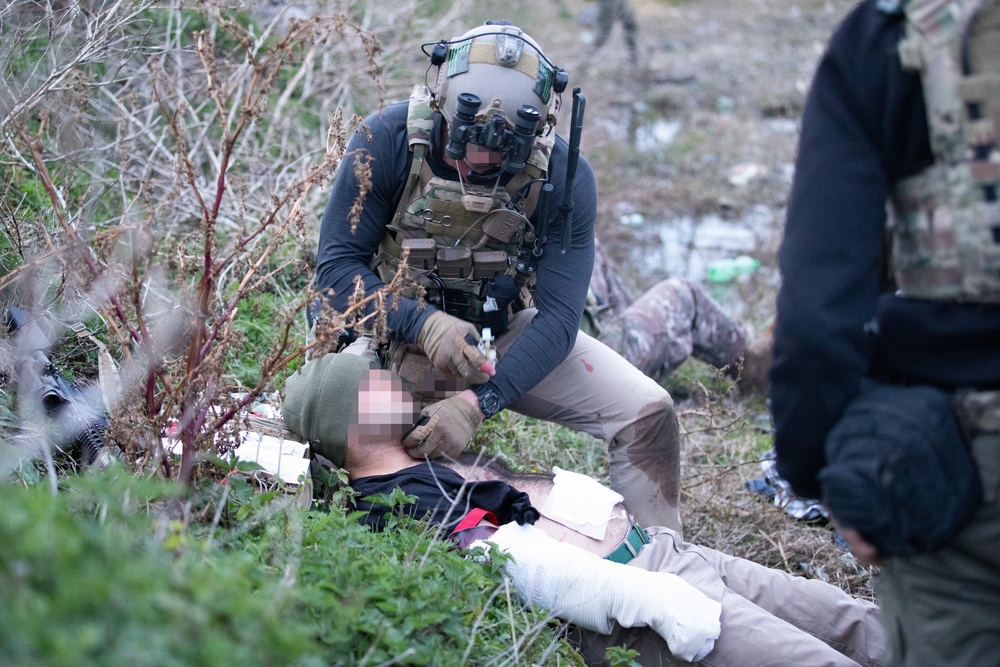 A U.S. MARSOC Marine conducts tactical combat casualty care during a STX with Georgian guard and Georgian special operations forces soldiers during Trojan Footprint 24