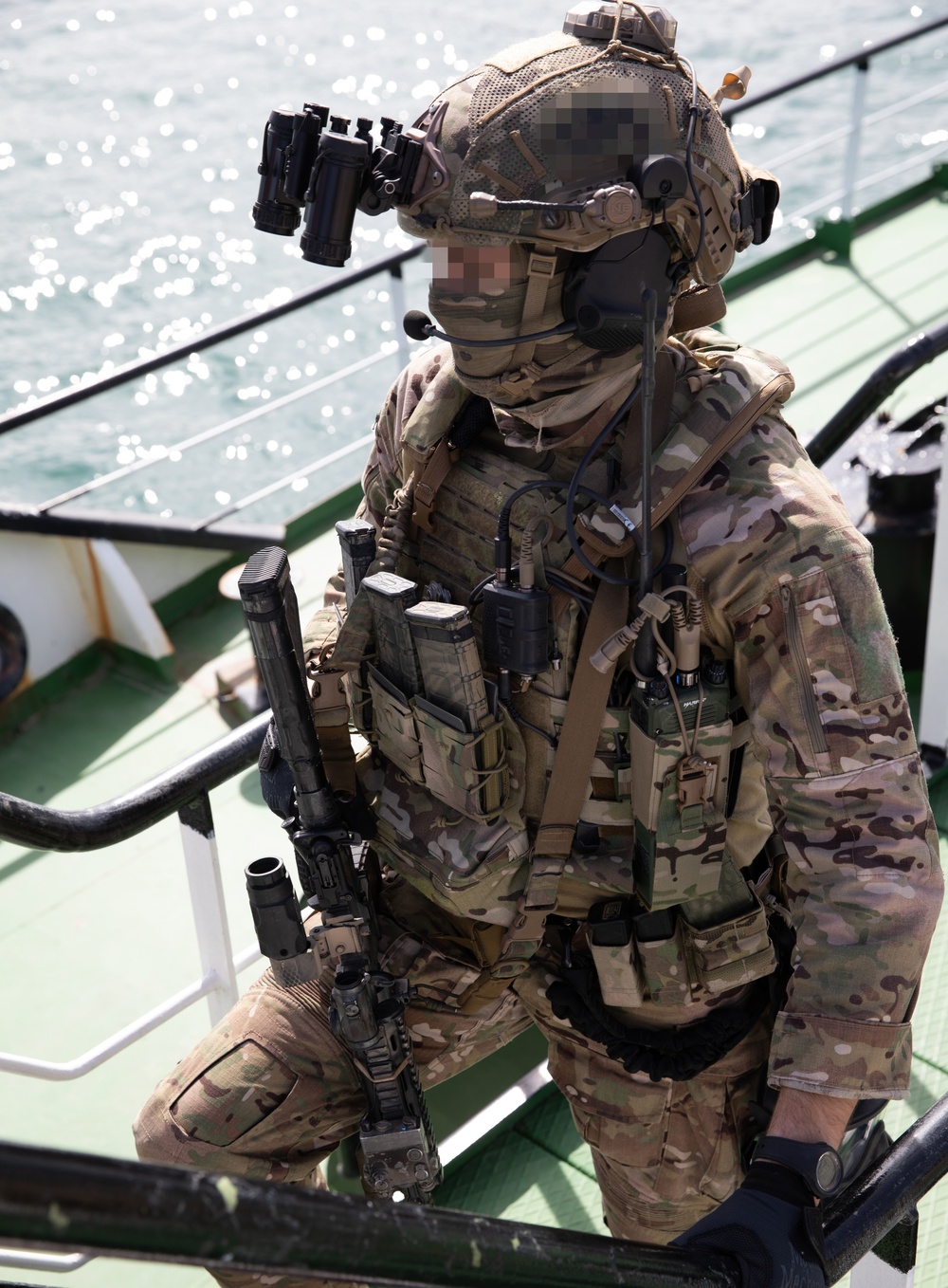 A Georgian special operations forces soldier maintains security during a visit, board, search, and seizure operation with U.S. MARSOC Marines during Trojan Footprint 24