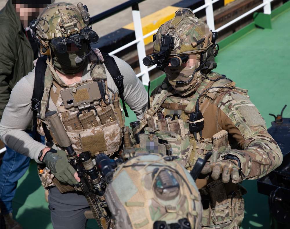 Georgian and Spanish special operations forces soldiers participate in a visit, board, search, and seizure during Trojan Footprint 24