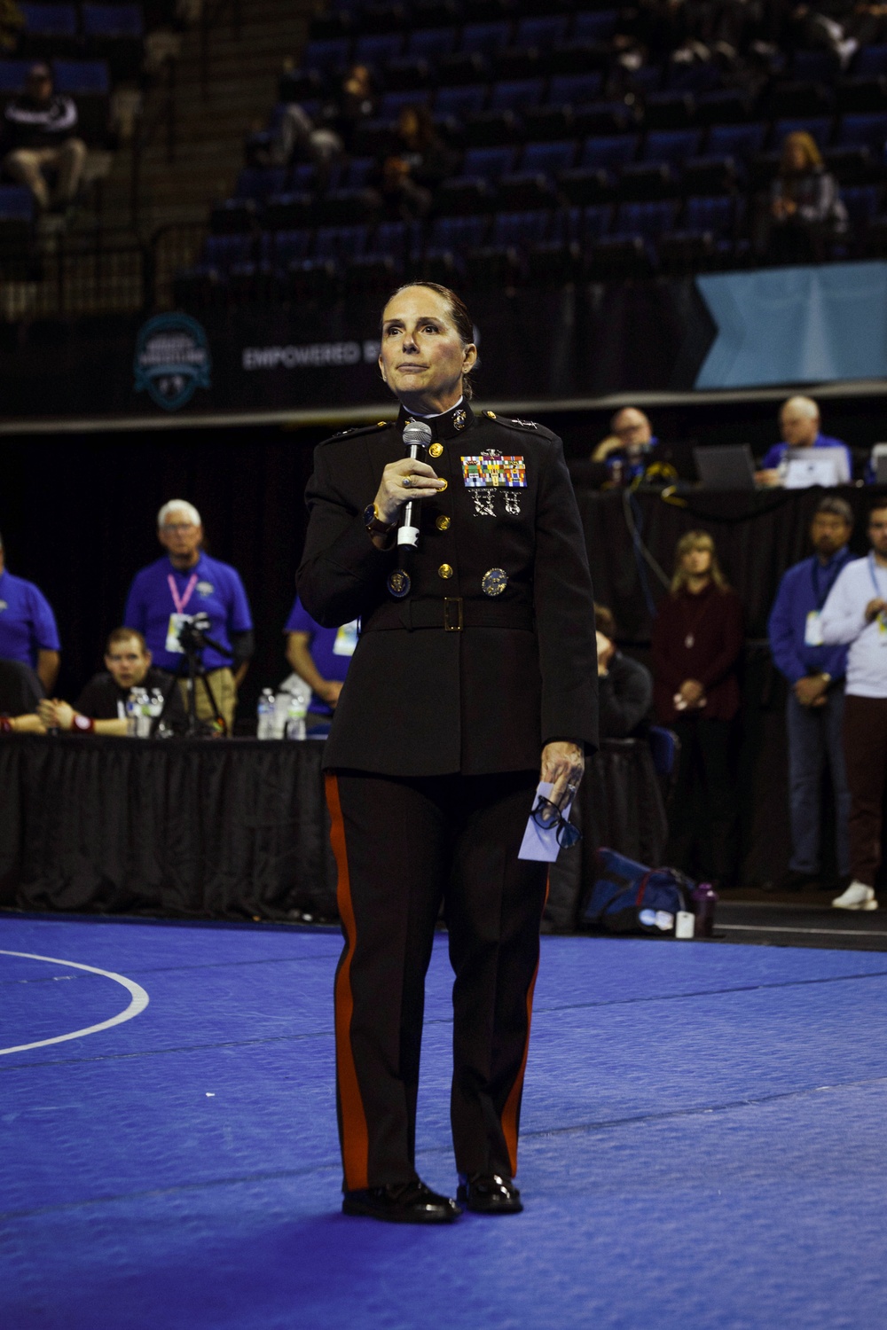 Major General Shea speaks at the National Collegiate Women’s Wrestling Championship in Cedar Rapids