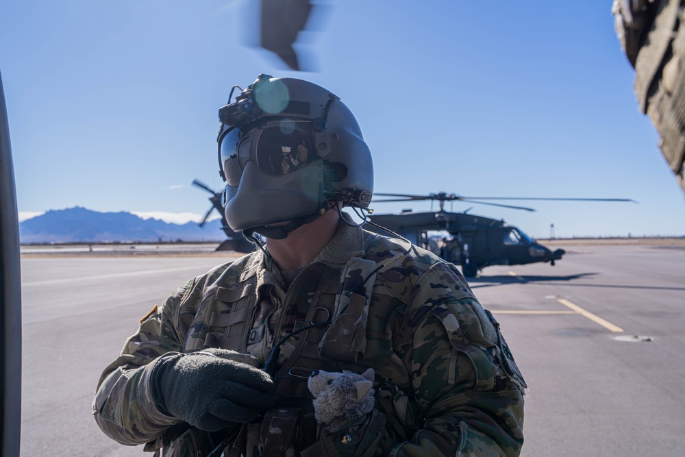 U.S. Army Flight Medic conducts pre-flight checks