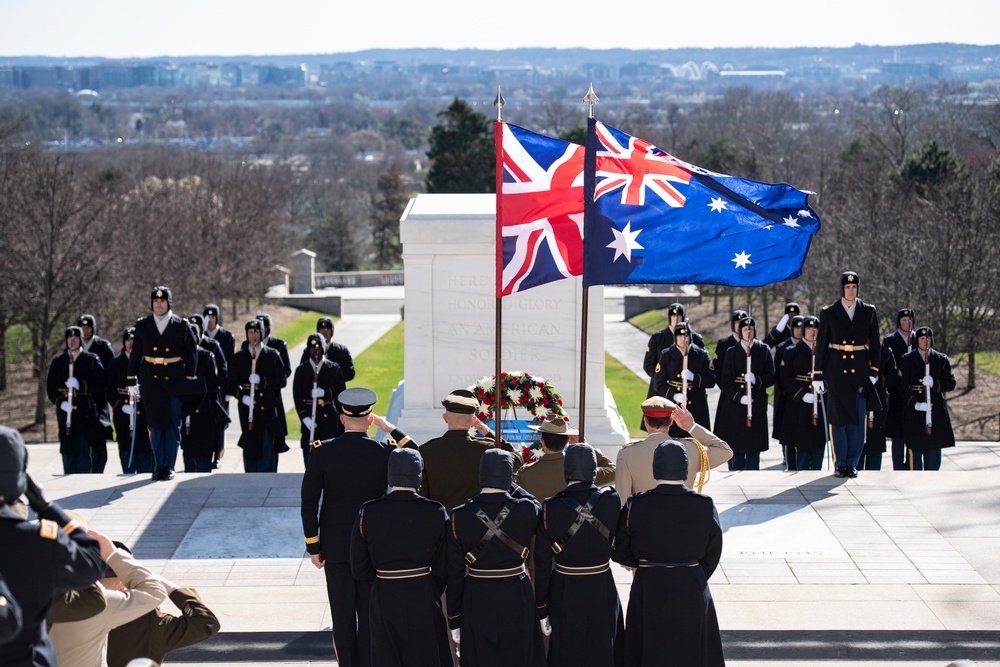 Chiefs of Staff of the British Army Gen. Patrick Sanders and Australian Army Lt. Gen. Simon Stuart Participate in an Army Full Honors Wreath-Laying Ceremony at the Tomb of the Unknown Soldier