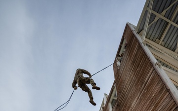 U.S. Army Reserve Soldiers complete repel tower during the Division Best Squad Competition