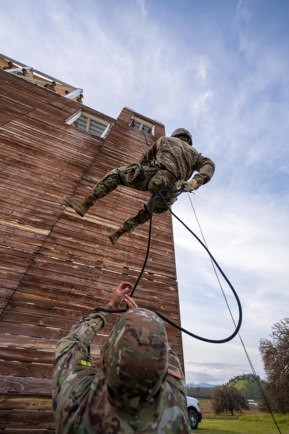 63rd Readiness Division Soldiers complete repel tower during the Division Best Squad Competition