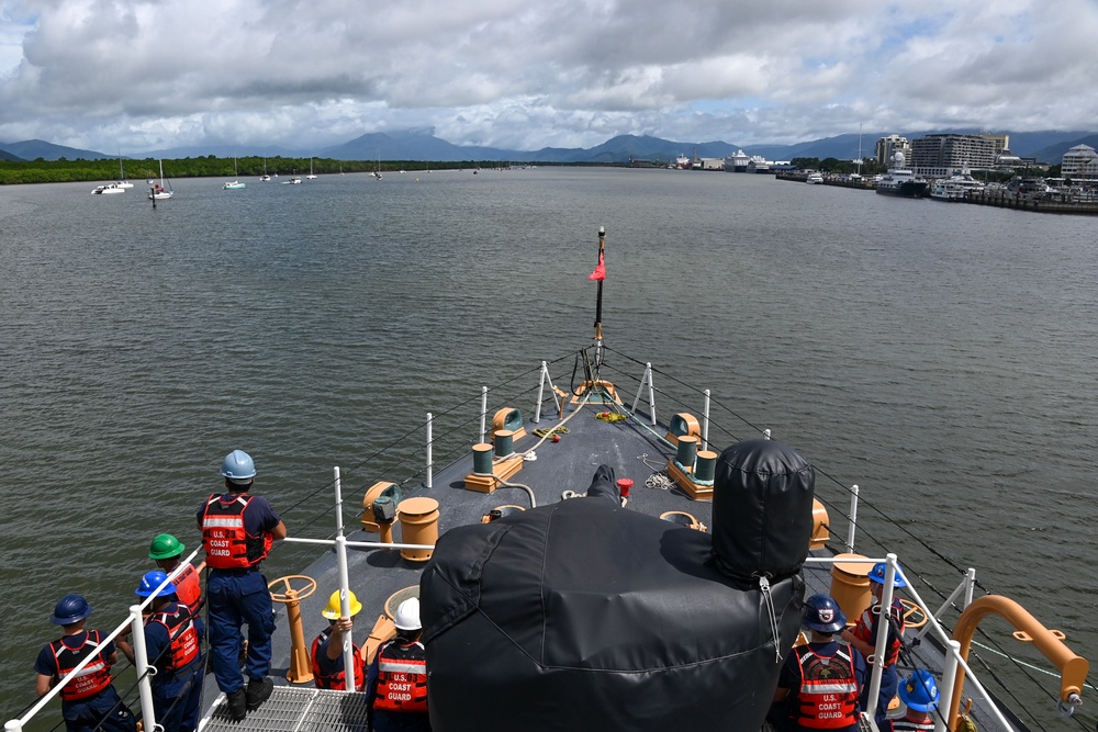 U.S. Coast Guard Cutter Harriet Lane moors in Cairns, Australia