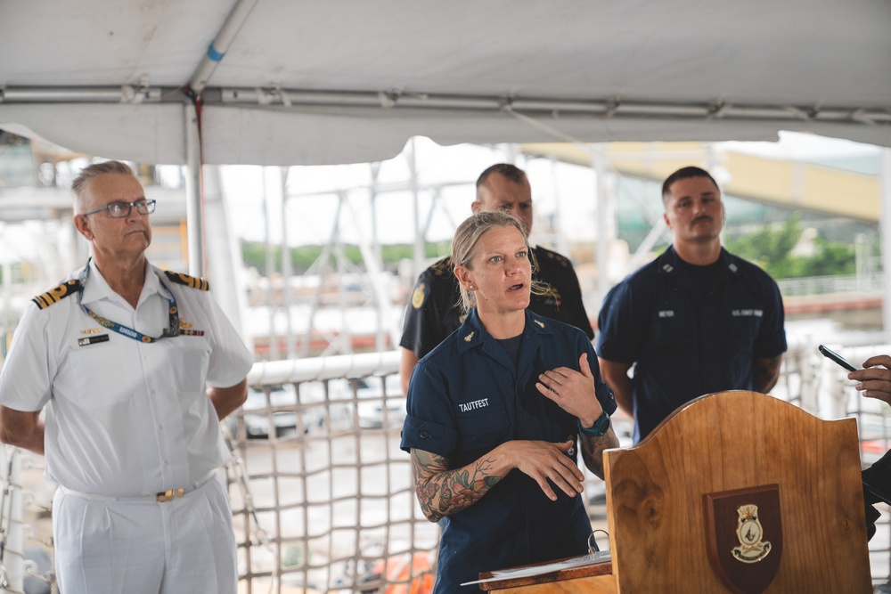 U.S. Coast Guard Cutter Harriet Lane command hosts press conference in Cairns, Australia