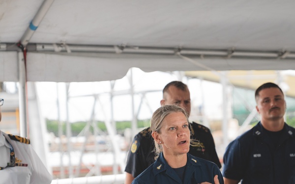 U.S. Coast Guard Cutter Harriet Lane command hosts press conference in Cairns, Australia