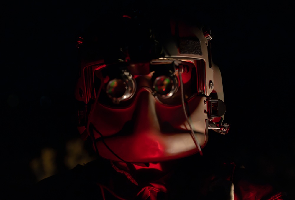 U.S. Army Flight Medics checks his night vision goggles