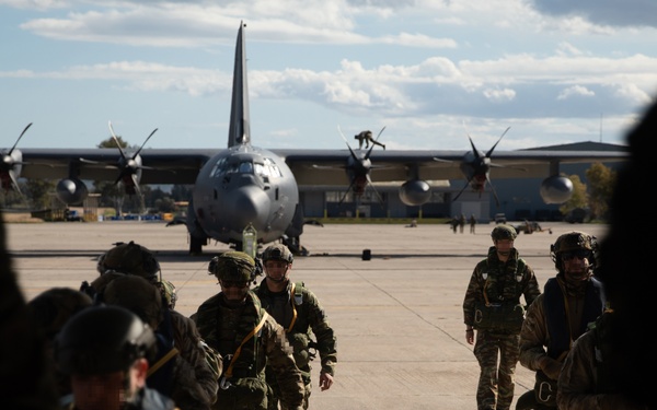 Greek special operations forces soldiers jump during Trojan Footprint 2024