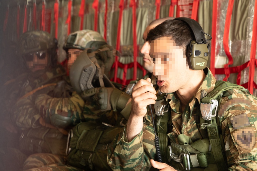 Greek special operations forces soldiers jump during Trojan Footprint 2024