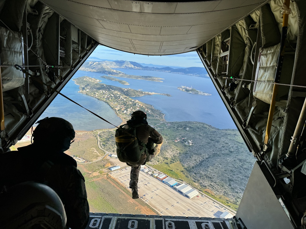 Greek special operations forces soldiers jump during Trojan Footprint 2024