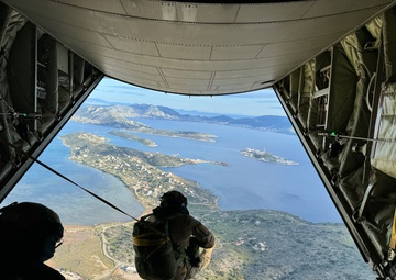 Greek special operations forces soldiers jump during Trojan Footprint 2024