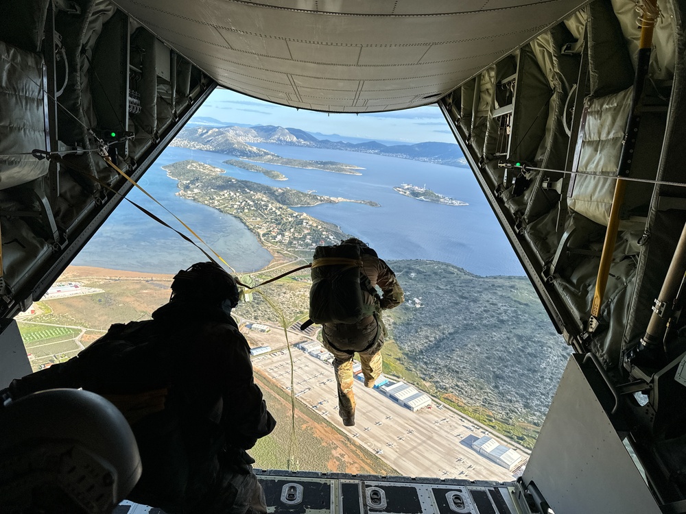 Greek special operations forces soldiers jump during Trojan Footprint 2024