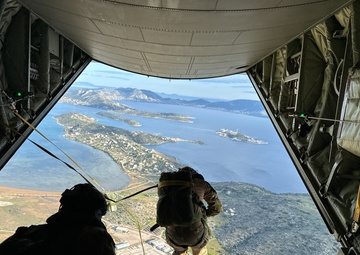Greek special operations forces soldiers jump during Trojan Footprint 2024
