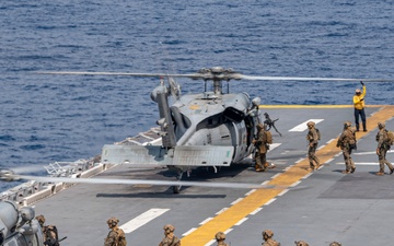 Marines board MH-60S Sea Hawk helicopters on USS America (LHA )