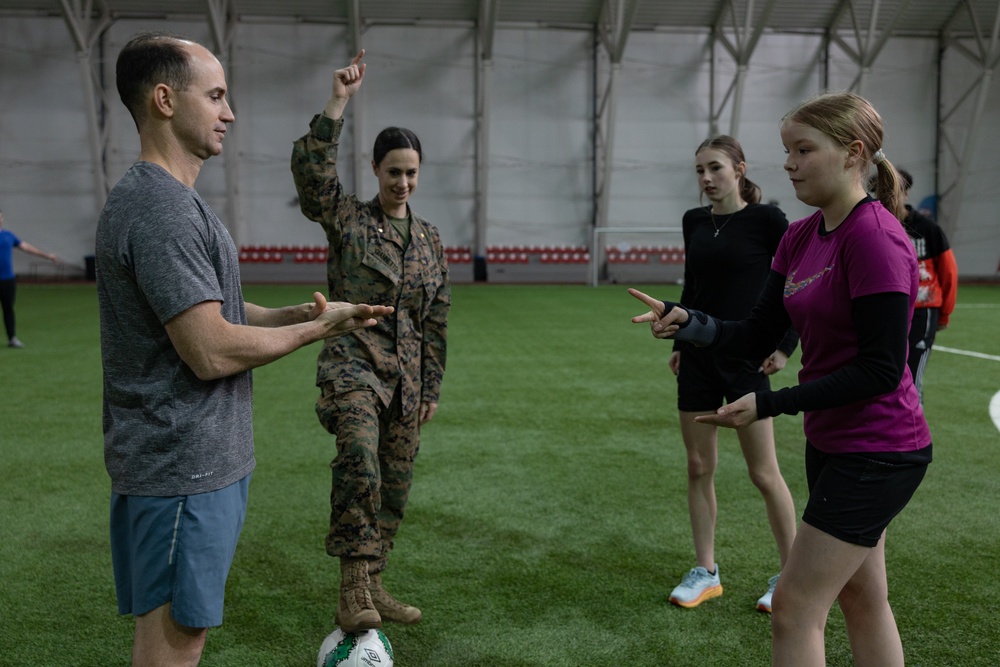 U.S. Marines participate in a Sports Day at a Norwegian School after Nordic Response 24