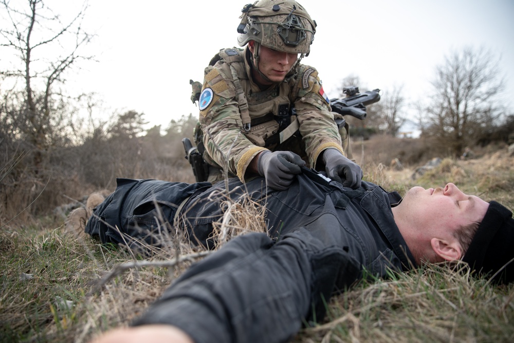 Dutch Soldier Conducts A Search On Enemy Casuality During Allied Spirit 24