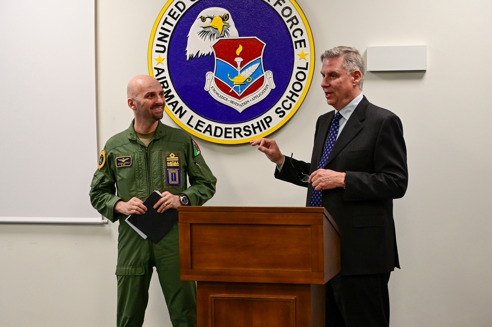 Italian air force Maj. Gen. Andrea Argieri speaks to students in ALS