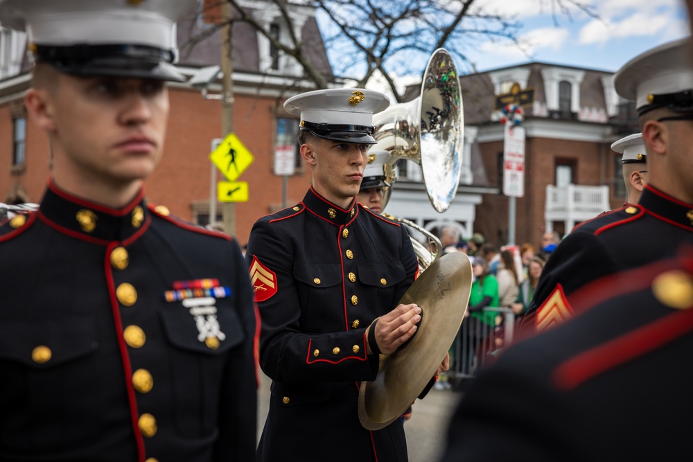 Quantico Marine Corps Band performs at the South Boston St. Patrick's Day Parade 2024