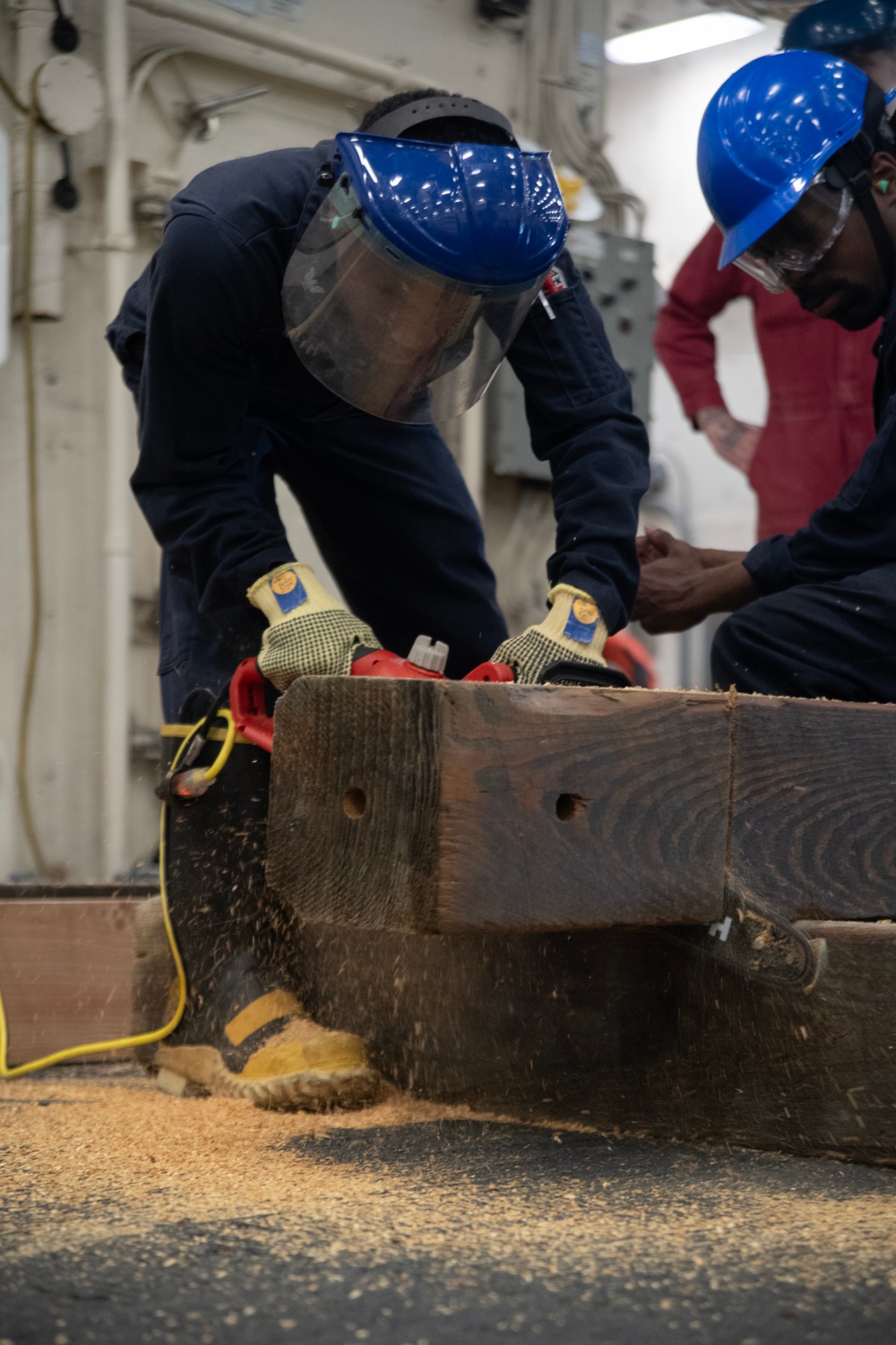 USS San Diego, Naval Beach Group 1 secure landing craft utility with wooden shoring