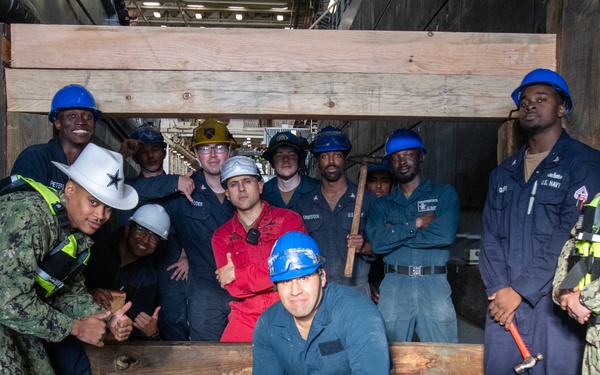 USS San Diego, Naval Beach Group 1 secure landing craft utility with wooden shoring